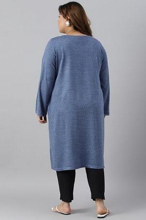 Plus Size Blue Embroidered Asymmetrical Winter kurta