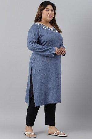 Plus Size Blue Embroidered Asymmetrical Winter kurta - wforwoman