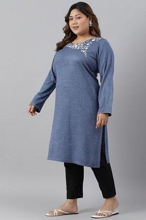 Plus Size Blue Embroidered Asymmetrical Winter kurta - wforwoman