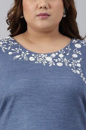 Plus Size Blue Embroidered Asymmetrical Winter kurta - wforwoman