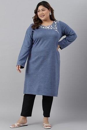 Plus Size Blue Embroidered Asymmetrical Winter kurta - wforwoman
