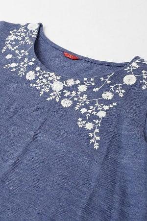 Plus Size Blue Embroidered Asymmetrical Winter kurta