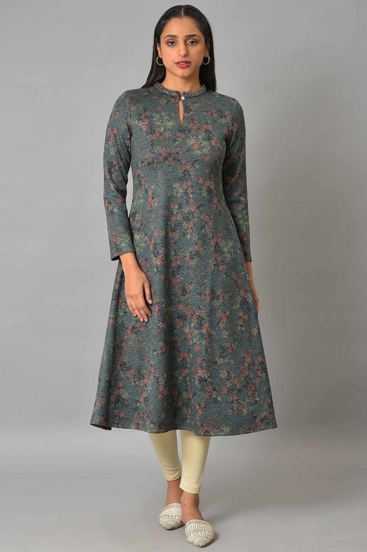 Teal Blue Flared Winter kurta - XS