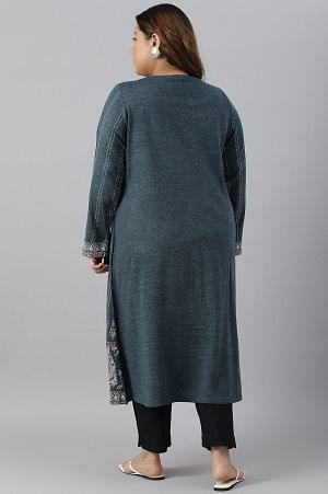 Blue Mock Layer Printed Plus Size Winter kurta - wforwoman