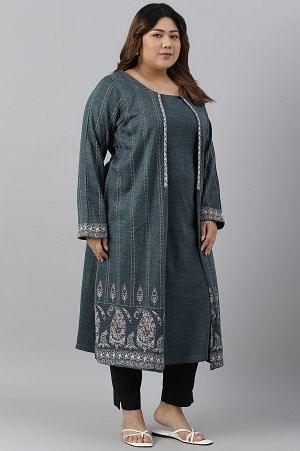 Blue Mock Layer Printed Plus Size Winter kurta - wforwoman