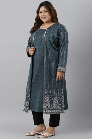Blue Mock Layer Printed Plus Size Winter kurta