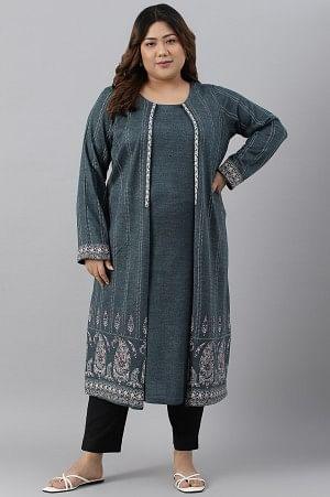 Blue Mock Layer Printed Plus Size Winter kurta - wforwoman