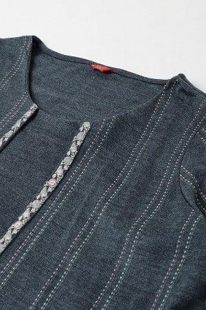 Blue Mock Layer Printed Plus Size Winter kurta - wforwoman