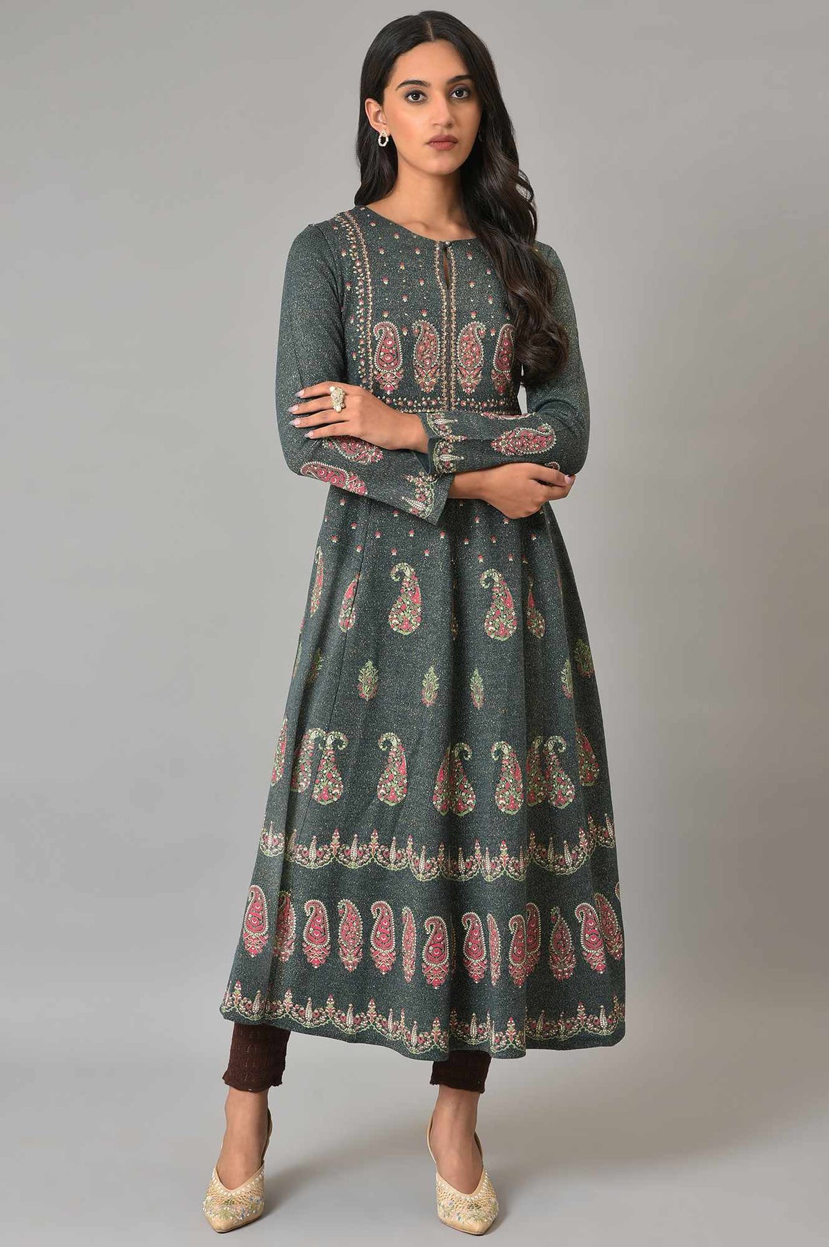 Teal Printed A-Line Winter Dress - 6