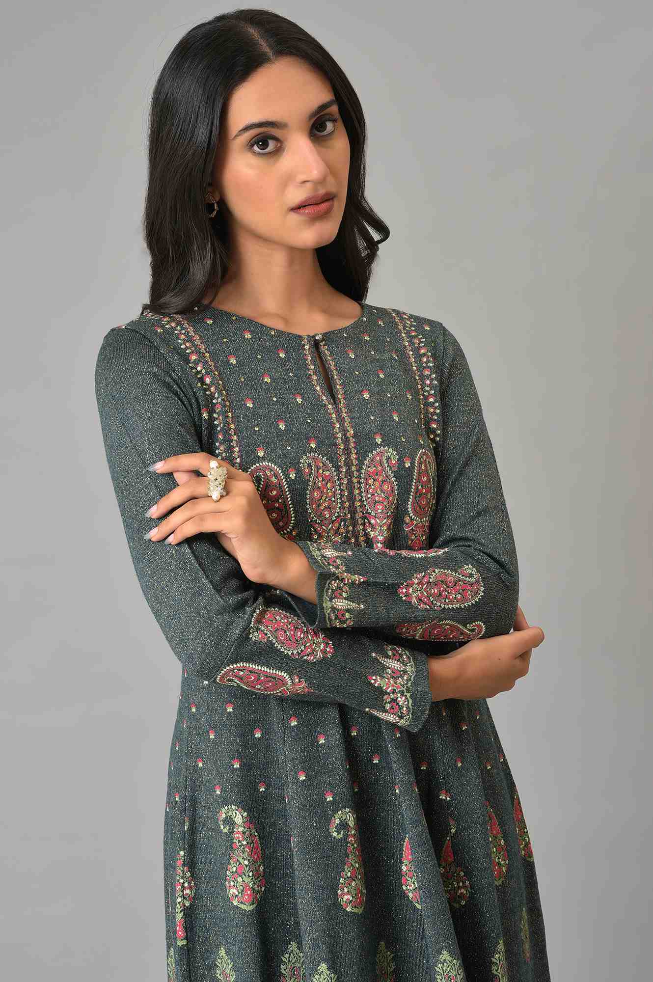 Buy Teal Printed A-Line Winter Dress Online for Woman | WforWoman Buy Teal Printed A-Line Winter Dress Online for Woman | WforWoman