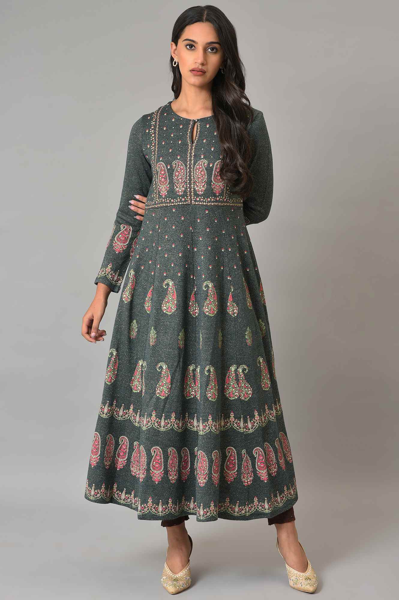 Buy Teal Printed A-Line Winter Dress Online for Woman | WforWoman Buy Teal Printed A-Line Winter Dress Online for Woman | WforWoman