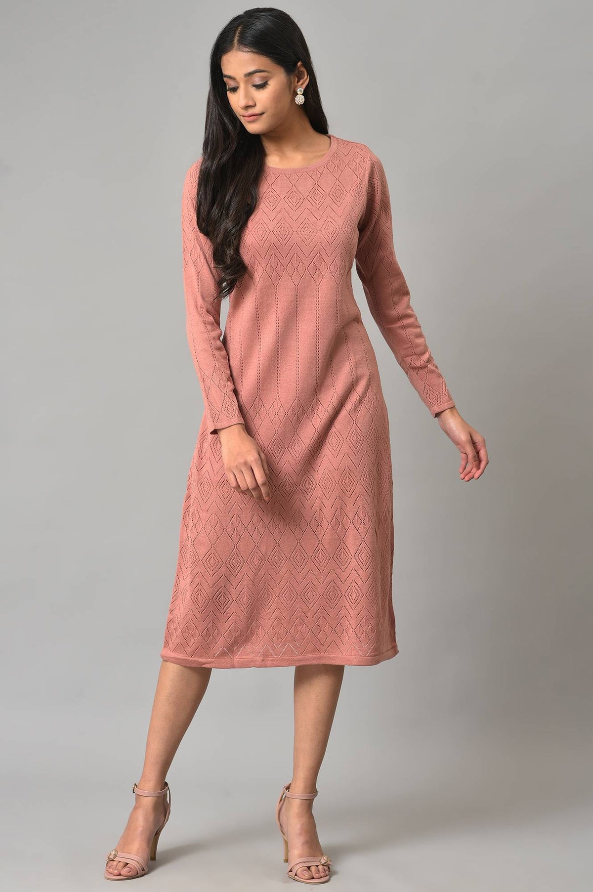 Pink Knitted Western Winter Dress - XS