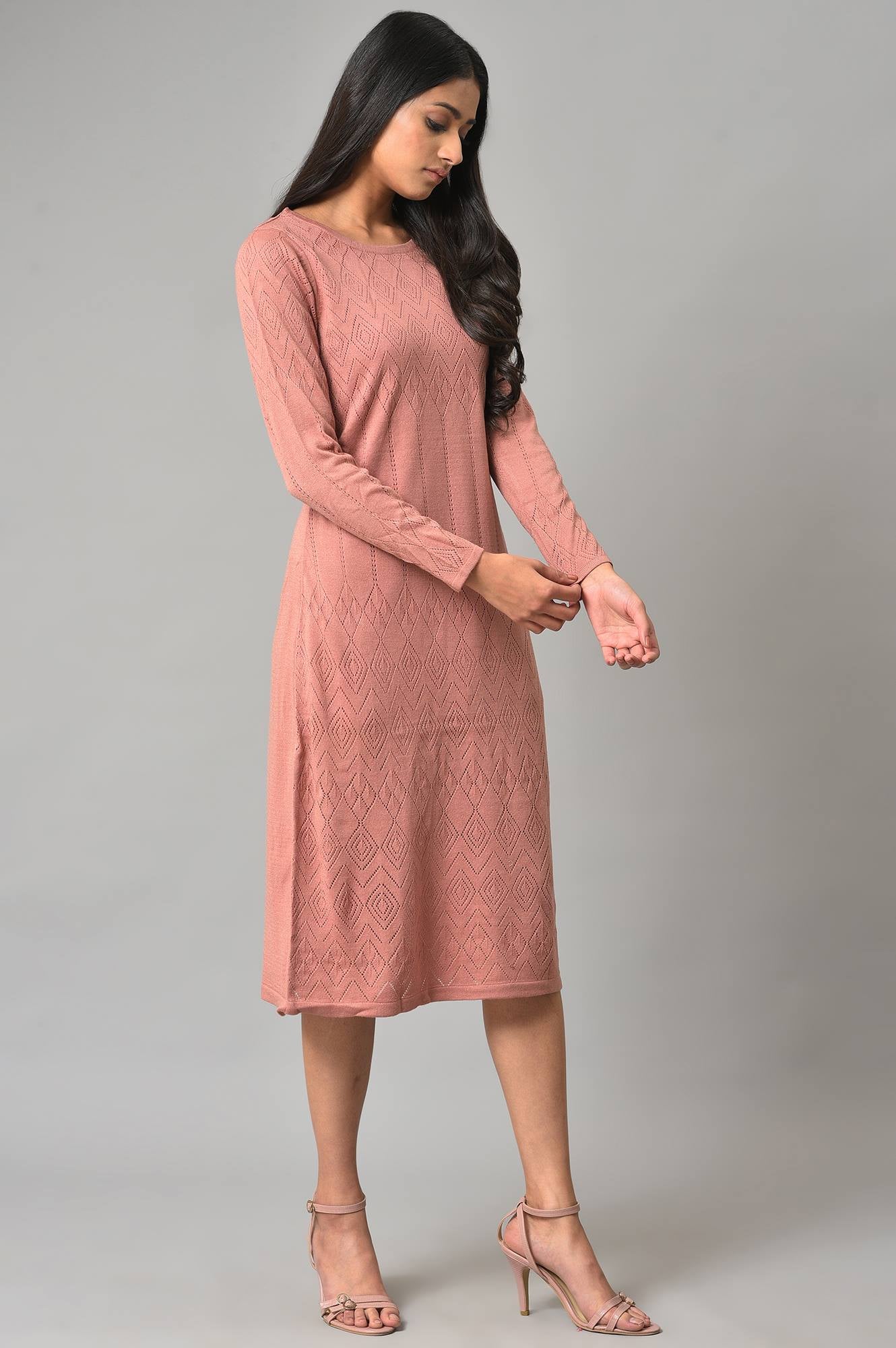 Buy Pink Knitted Western Winter Dress Online for Woman | WforWoman Buy Pink Knitted Western Winter Dress Online for Woman | WforWoman
