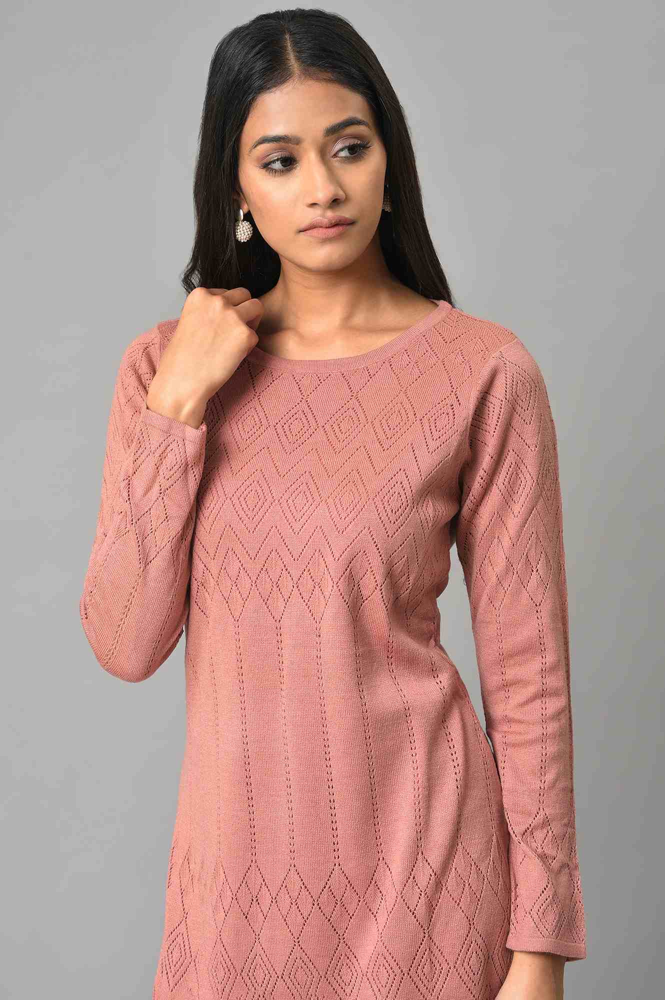 Buy Pink Knitted Western Winter Dress Online for Woman | WforWoman Buy Pink Knitted Western Winter Dress Online for Woman | WforWoman