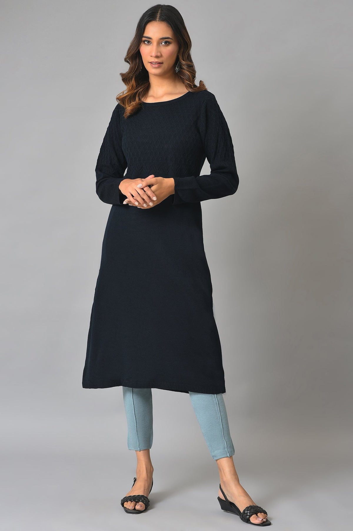 Blue A-line Floral Printed Winter kurta - XS