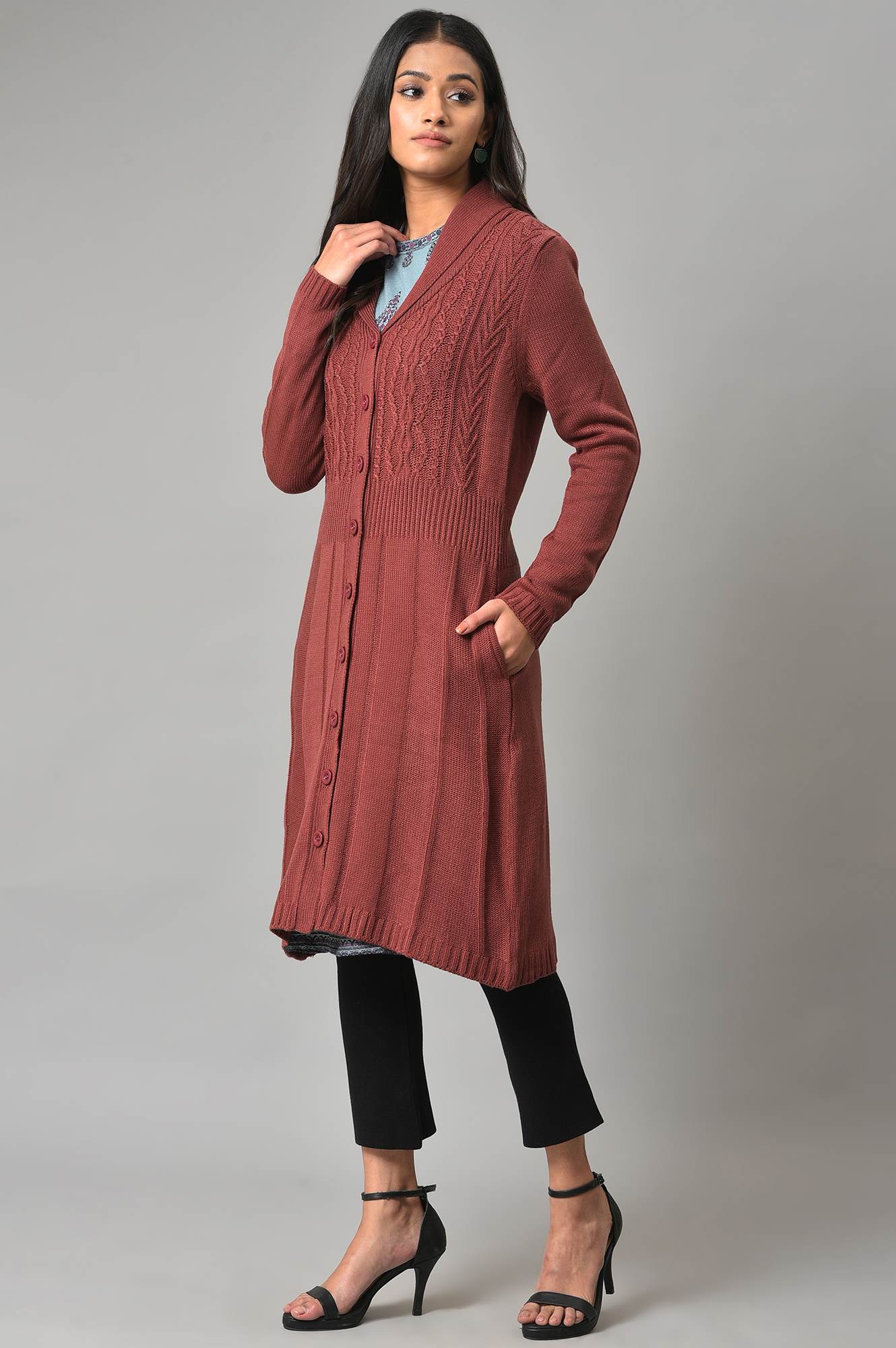 Coral Shawl Collar Knitted Cardigan