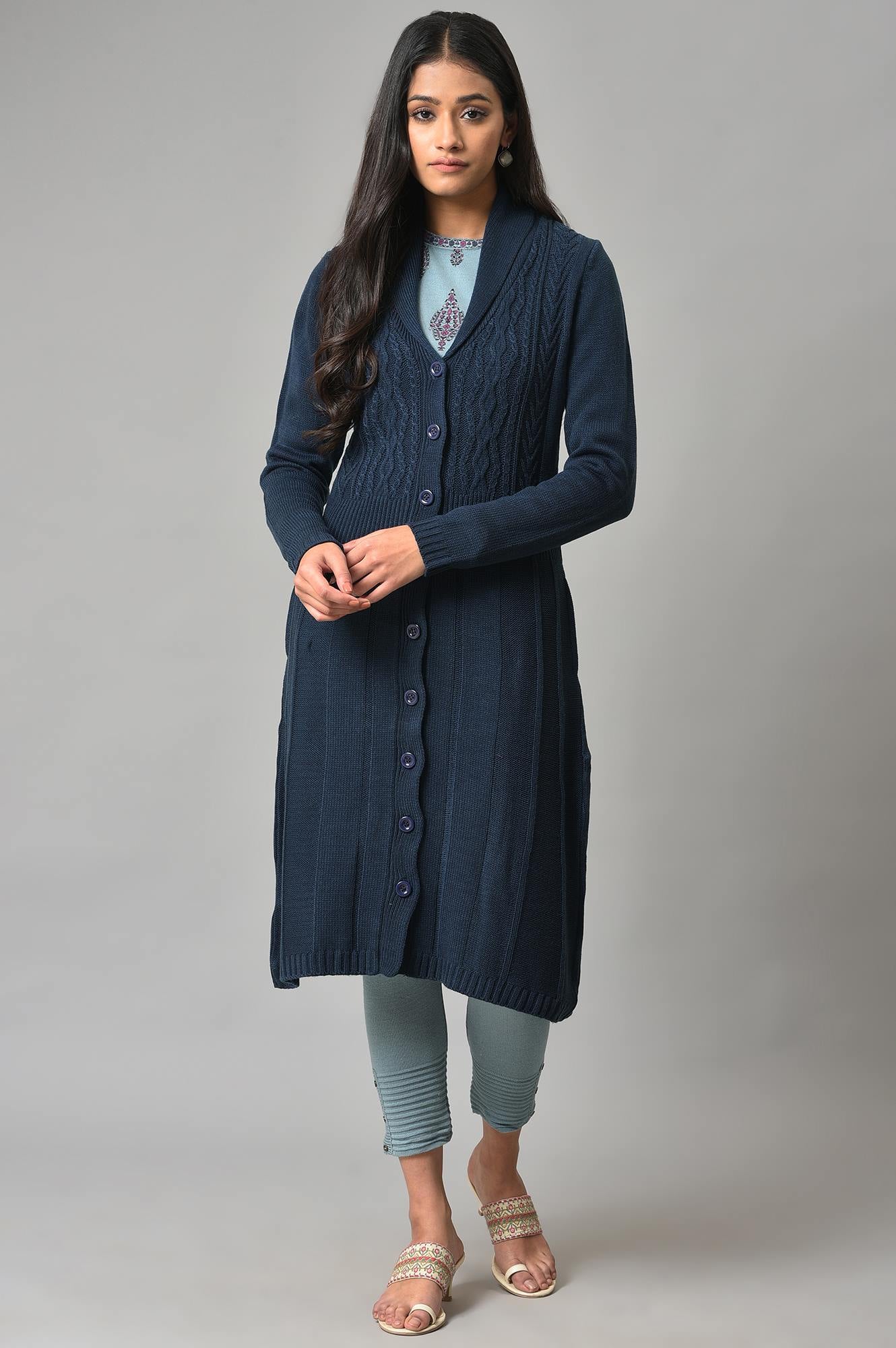 Blue Shawl Collar Knitted Cardigan