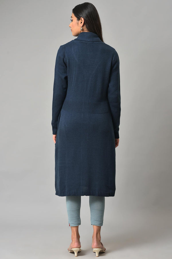 Blue Shawl Collar Knitted Cardigan