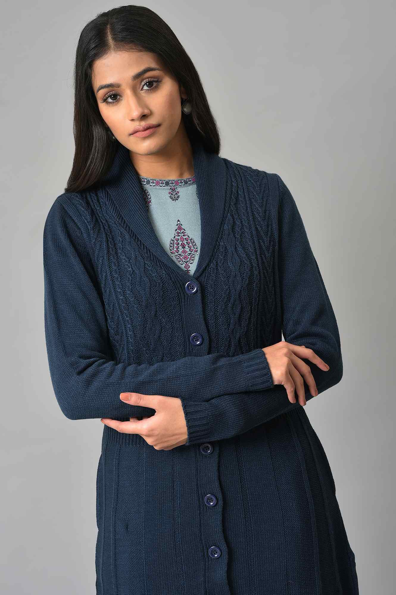 Blue Shawl Collar Knitted Cardigan