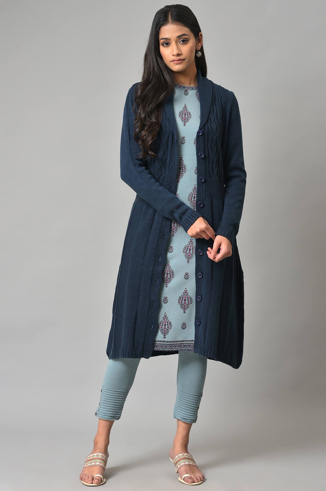 Blue Shawl Collar Knitted Cardigan