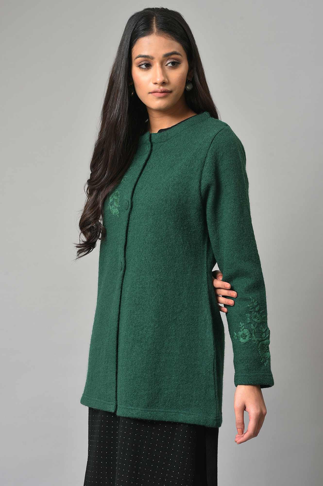 Green Woollen Short Winter Jacket