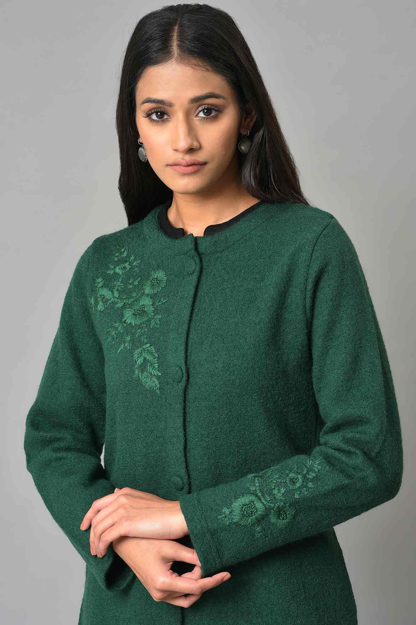 Green Woollen Short Winter Jacket