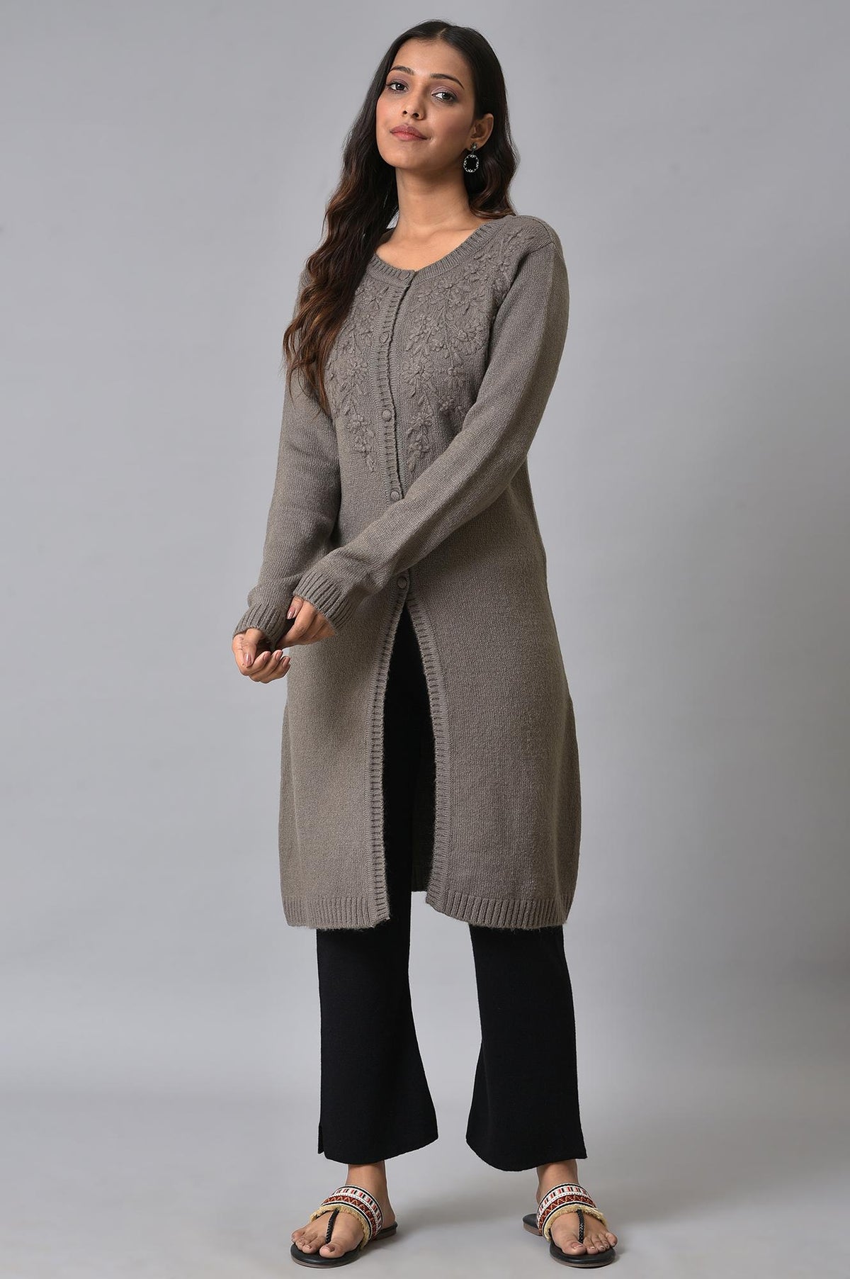 Grey Embroidered Women Cardigan - WVG
