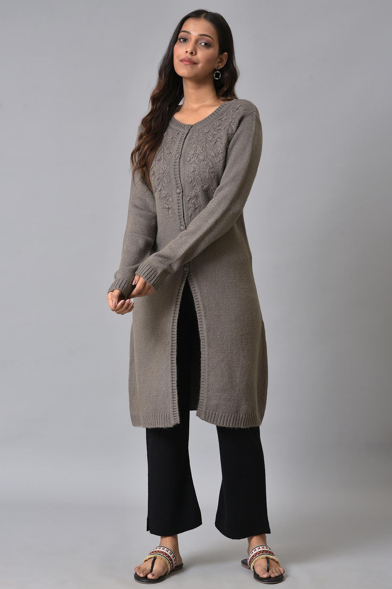 Grey Embroidered Women Cardigan
