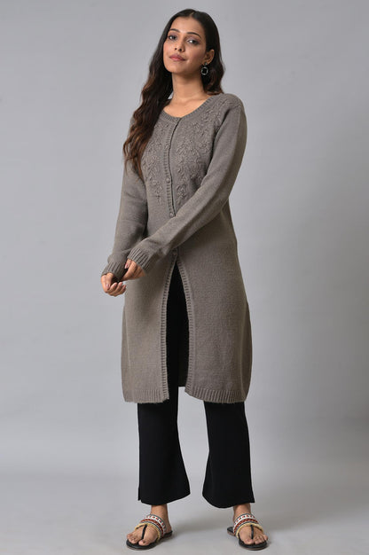 Grey Embroidered Women Cardigan