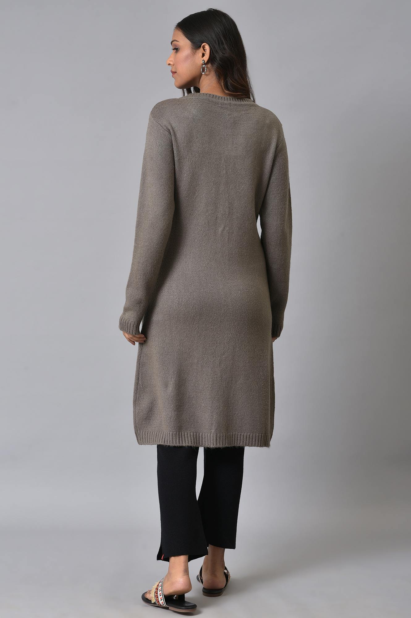 Grey Embroidered Women Cardigan