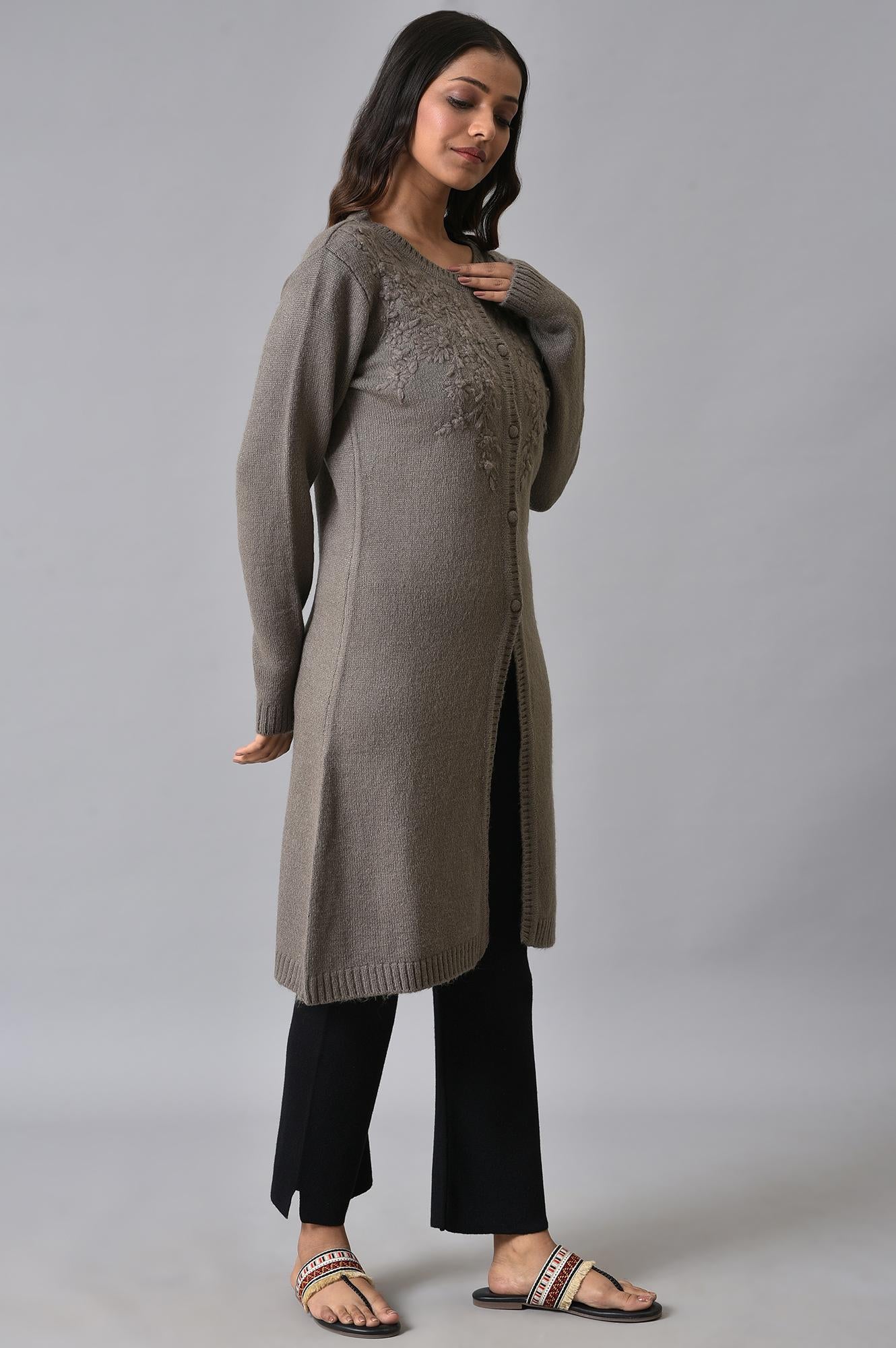 Grey Embroidered Women Cardigan