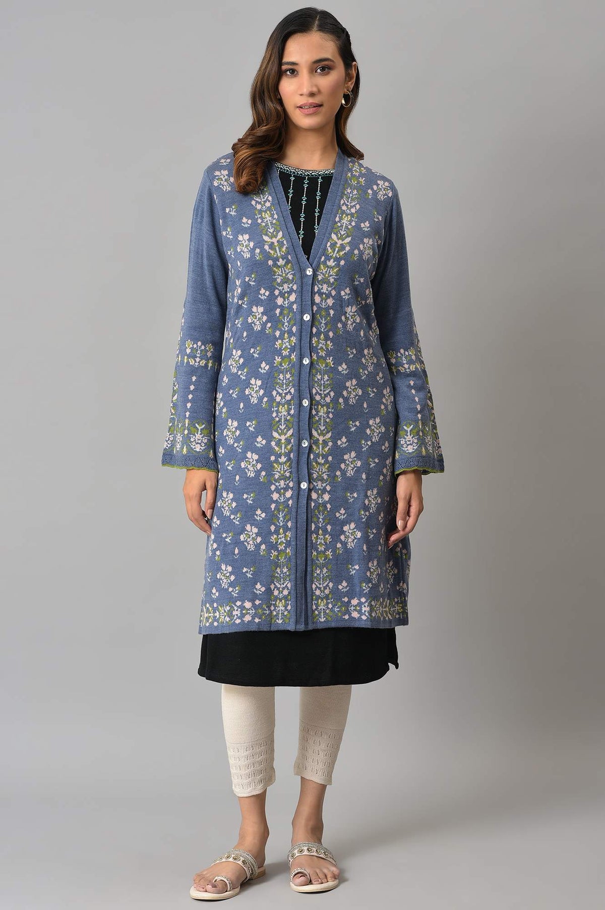Blue Floral Printed Jacquard Women Cardigan - WVG