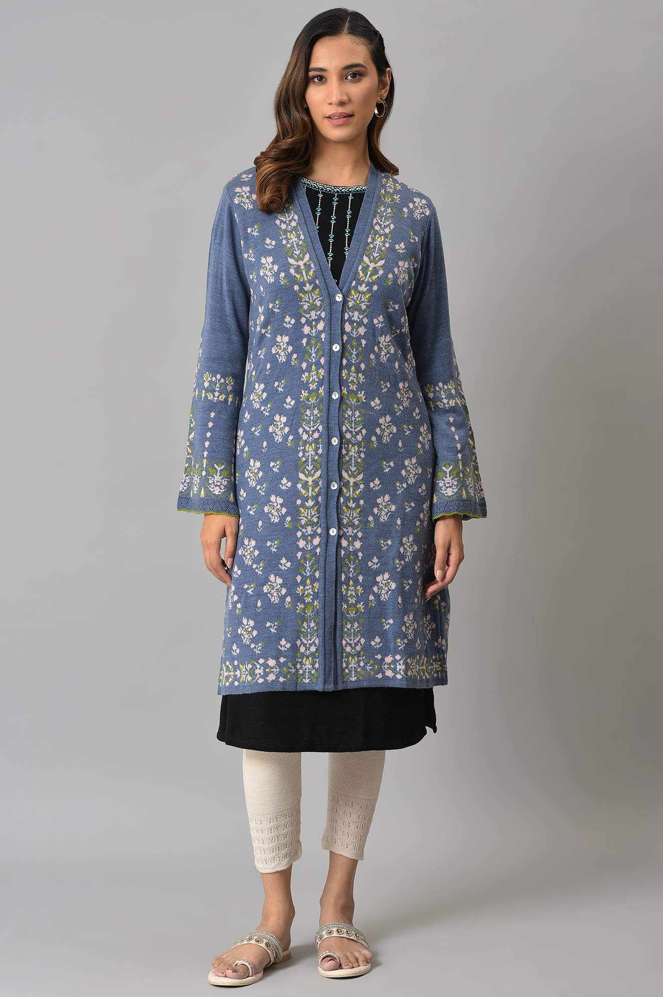 Blue Floral Printed Jacquard Women Cardigan