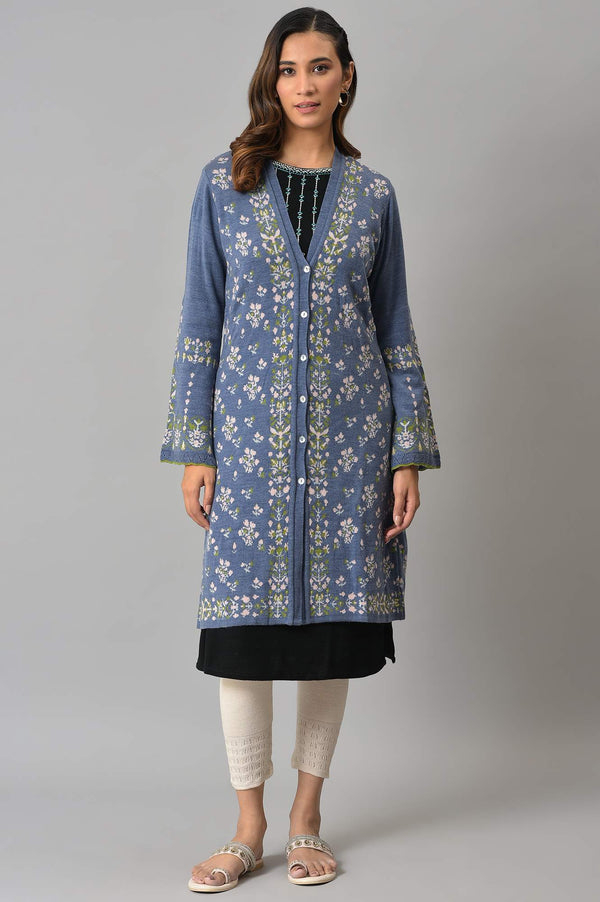 Blue Floral Printed Jacquard Women Cardigan