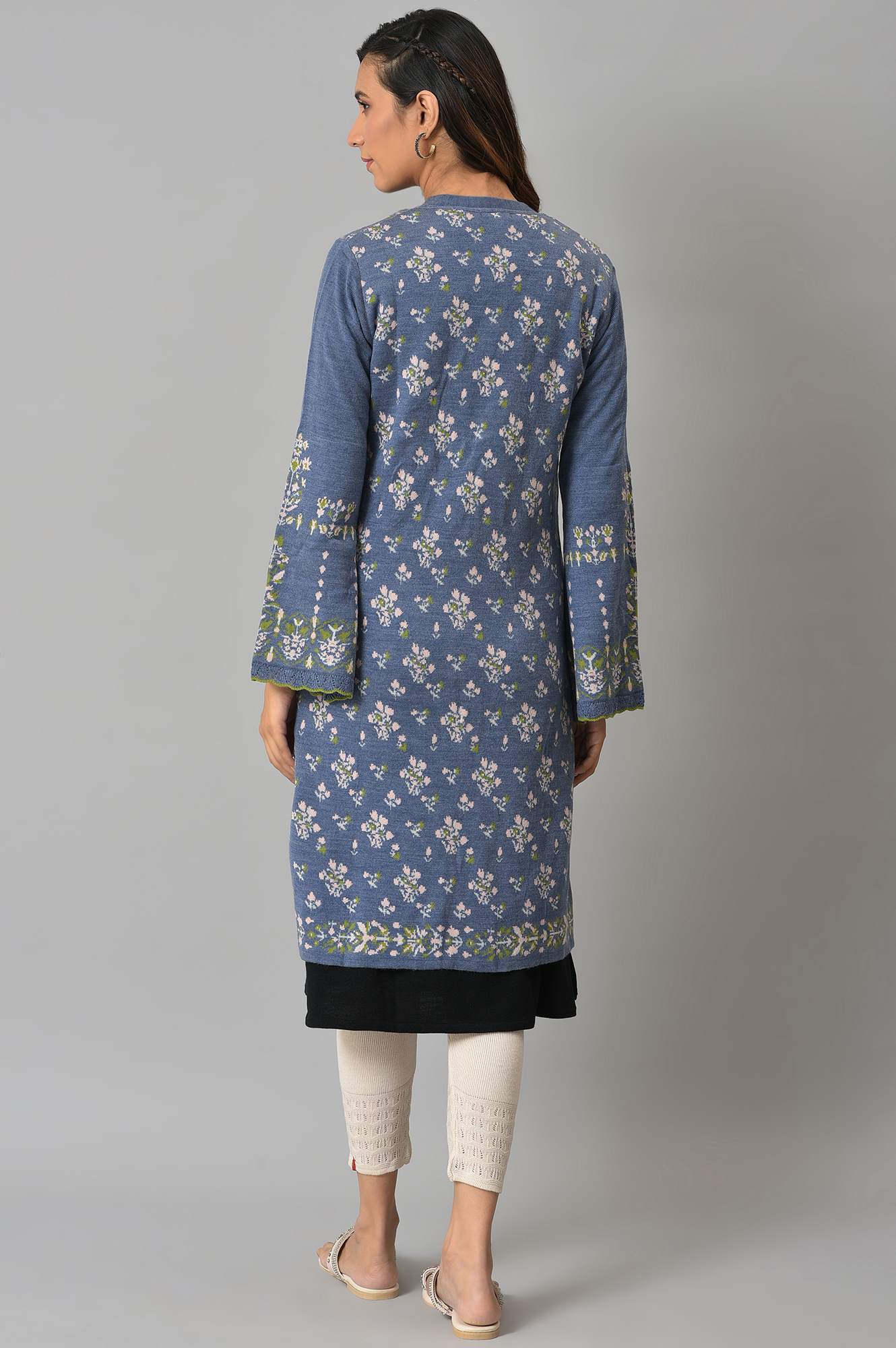 Blue Floral Printed Jacquard Women Cardigan