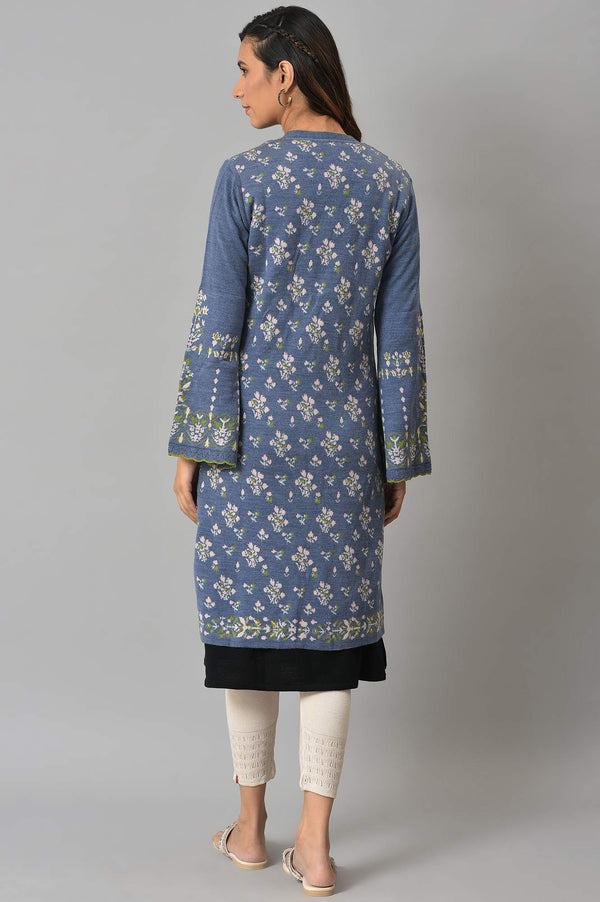 Blue Floral Printed Jacquard Women Cardigan