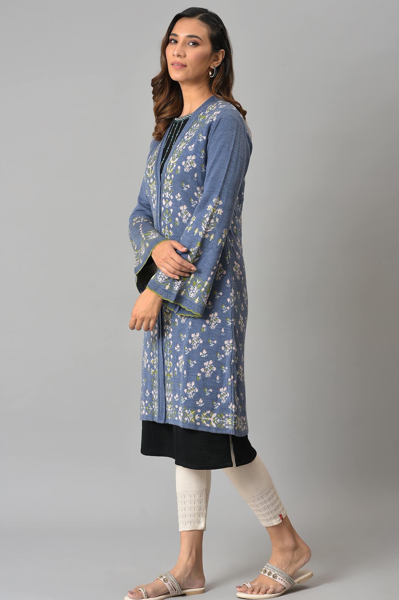 Blue Floral Printed Jacquard Women Cardigan