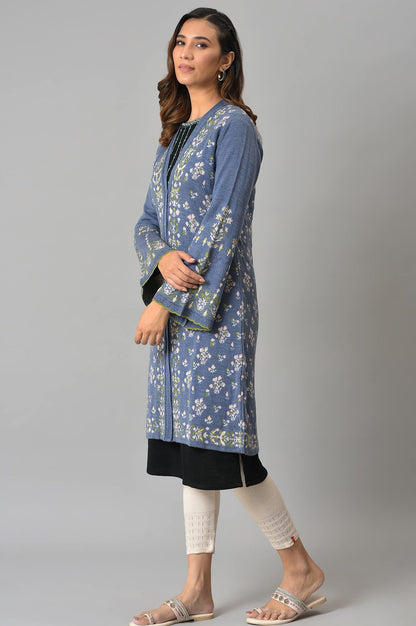 Blue Floral Printed Jacquard Women Cardigan