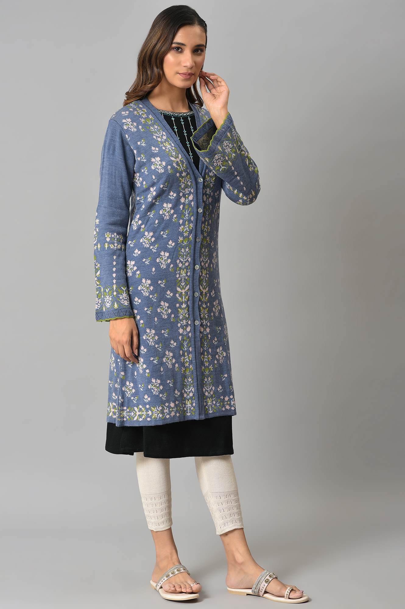 Blue Floral Printed Jacquard Women Cardigan