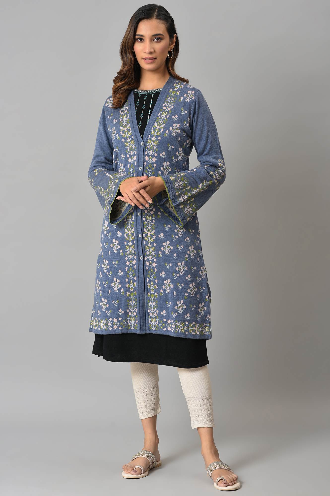 Blue Floral Printed Jacquard Women Cardigan