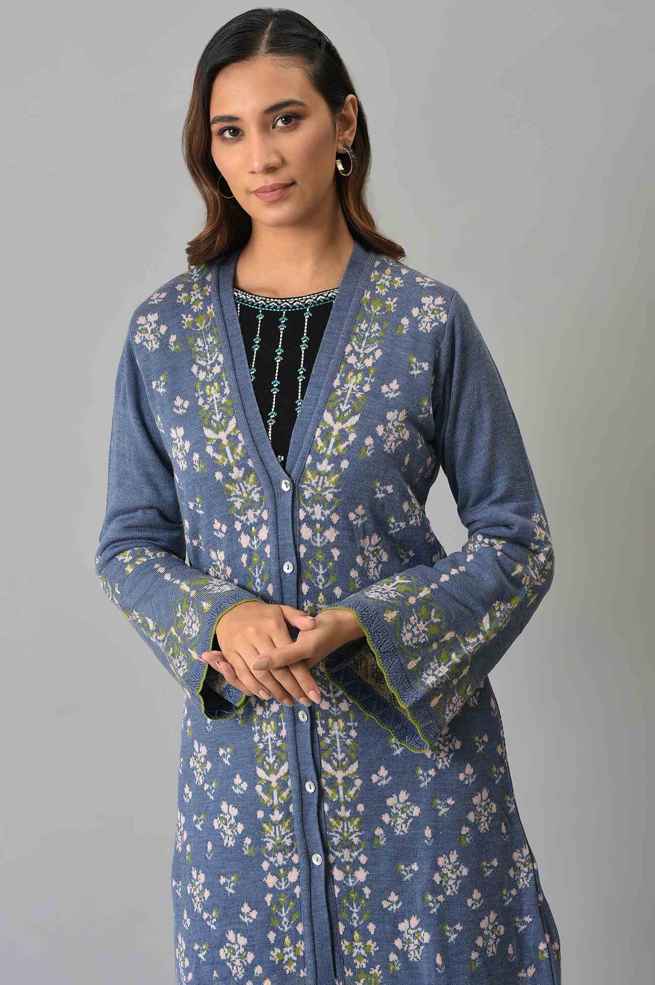 Blue Floral Printed Jacquard Women Cardigan