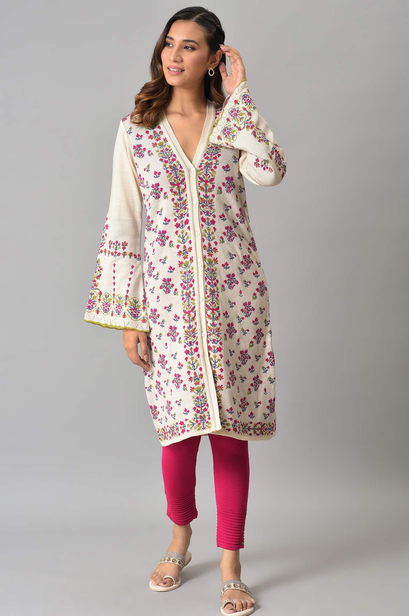 Ecru Floral Printed Jacquard Women Cardigan