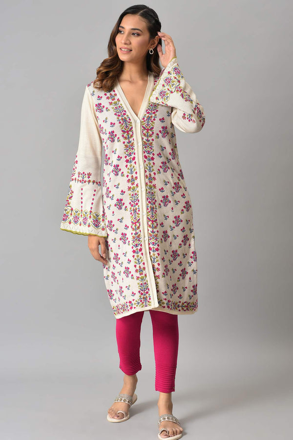 Ecru Floral Printed Jacquard Women Cardigan