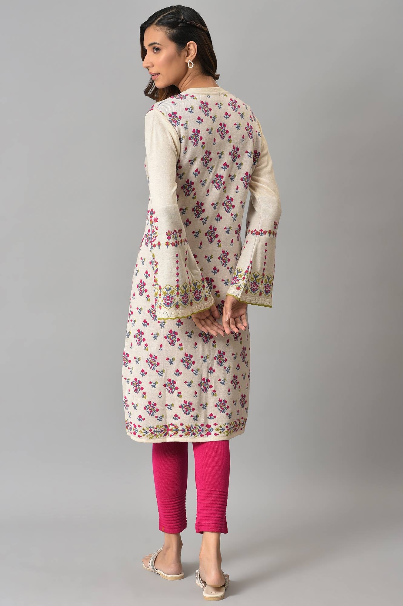 Ecru Floral Printed Jacquard Women Cardigan