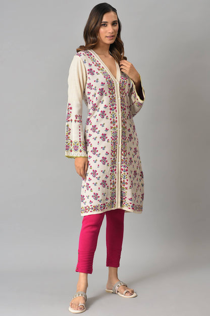 Ecru Floral Printed Jacquard Women Cardigan
