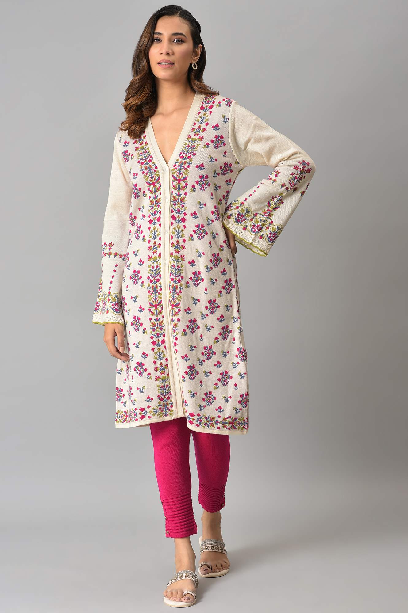 Ecru Floral Printed Jacquard Women Cardigan
