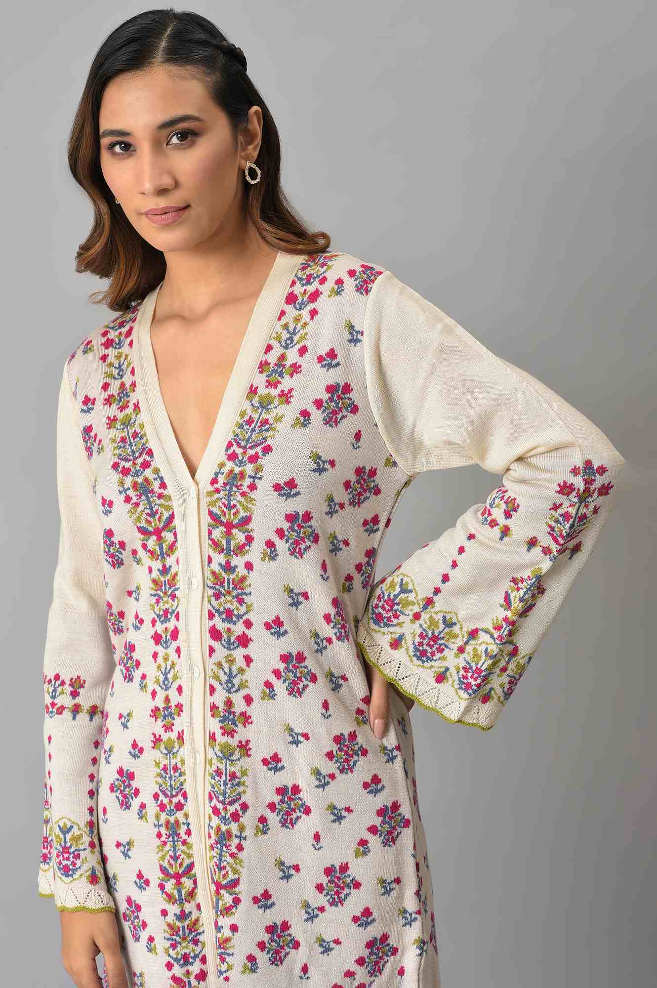 Ecru Floral Printed Jacquard Women Cardigan