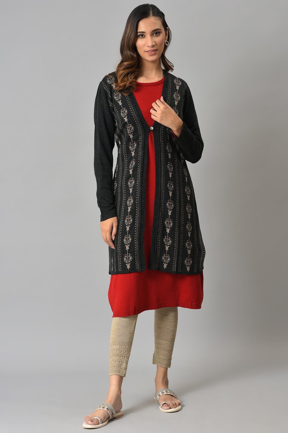 Grey Floral Printed Women Cardigan - L