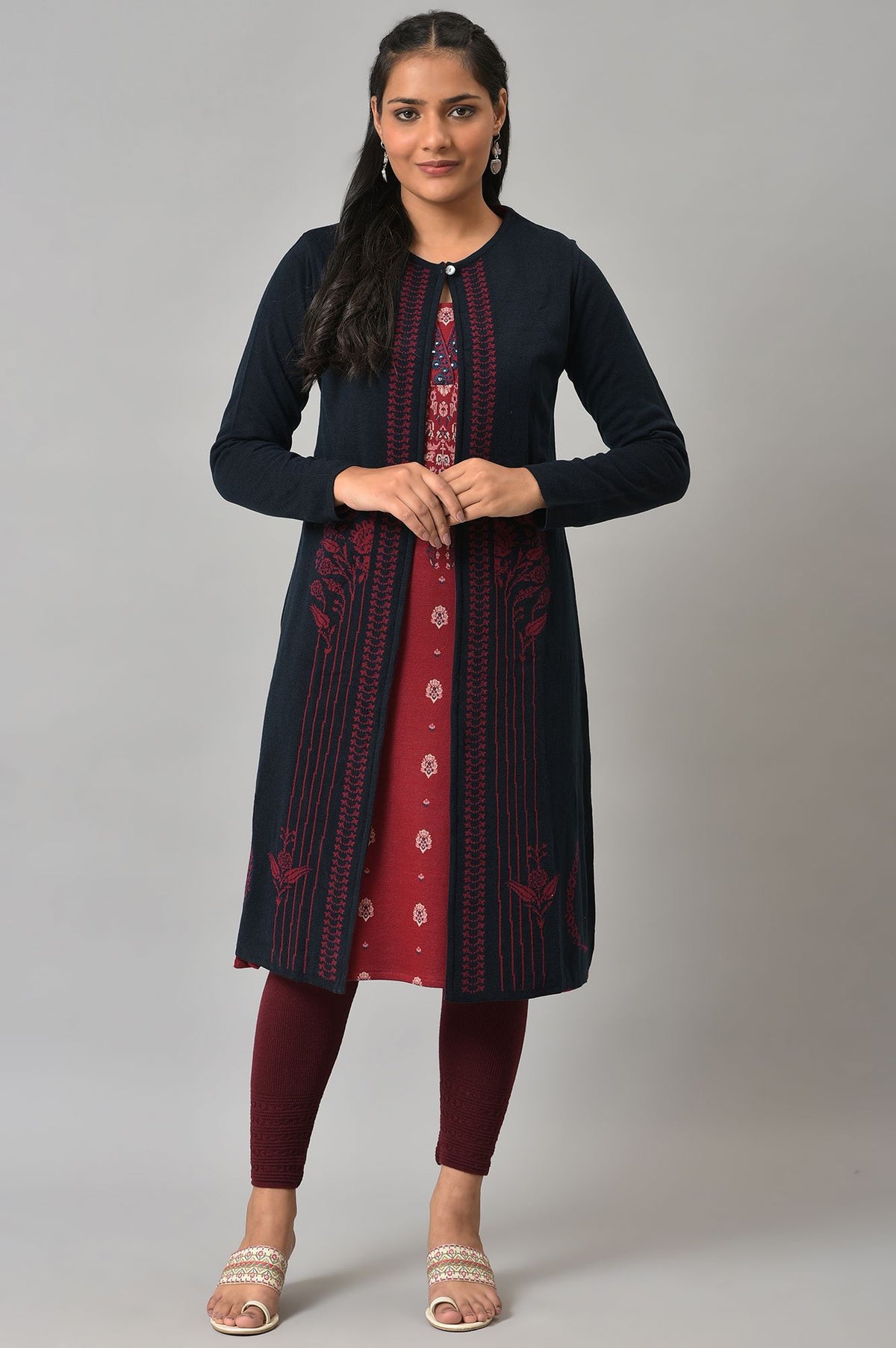 Blue And Red Floral Printed Reversible Cardigan - WVG