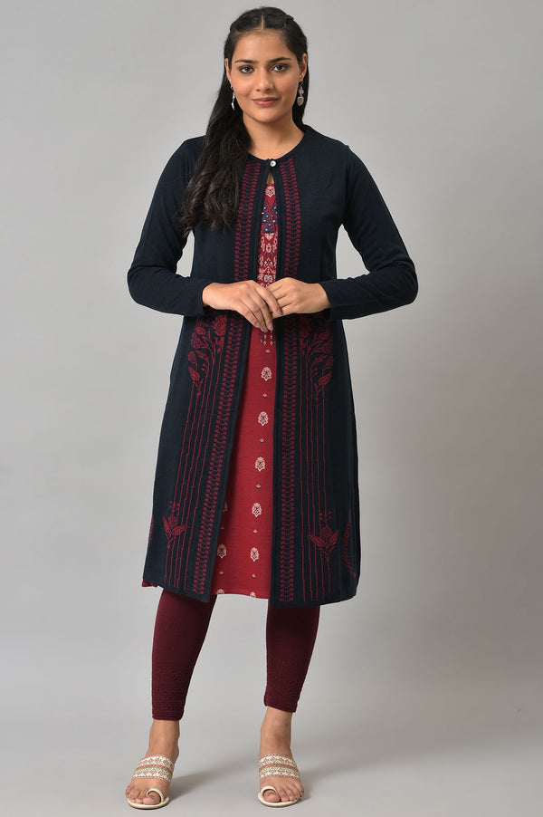 Blue And Red Floral Printed Reversible Cardigan